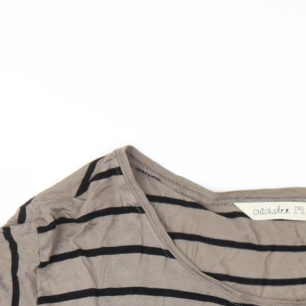 Chickster Womens Brown Striped Viscose Basic T-Shirt Size M Round Neck