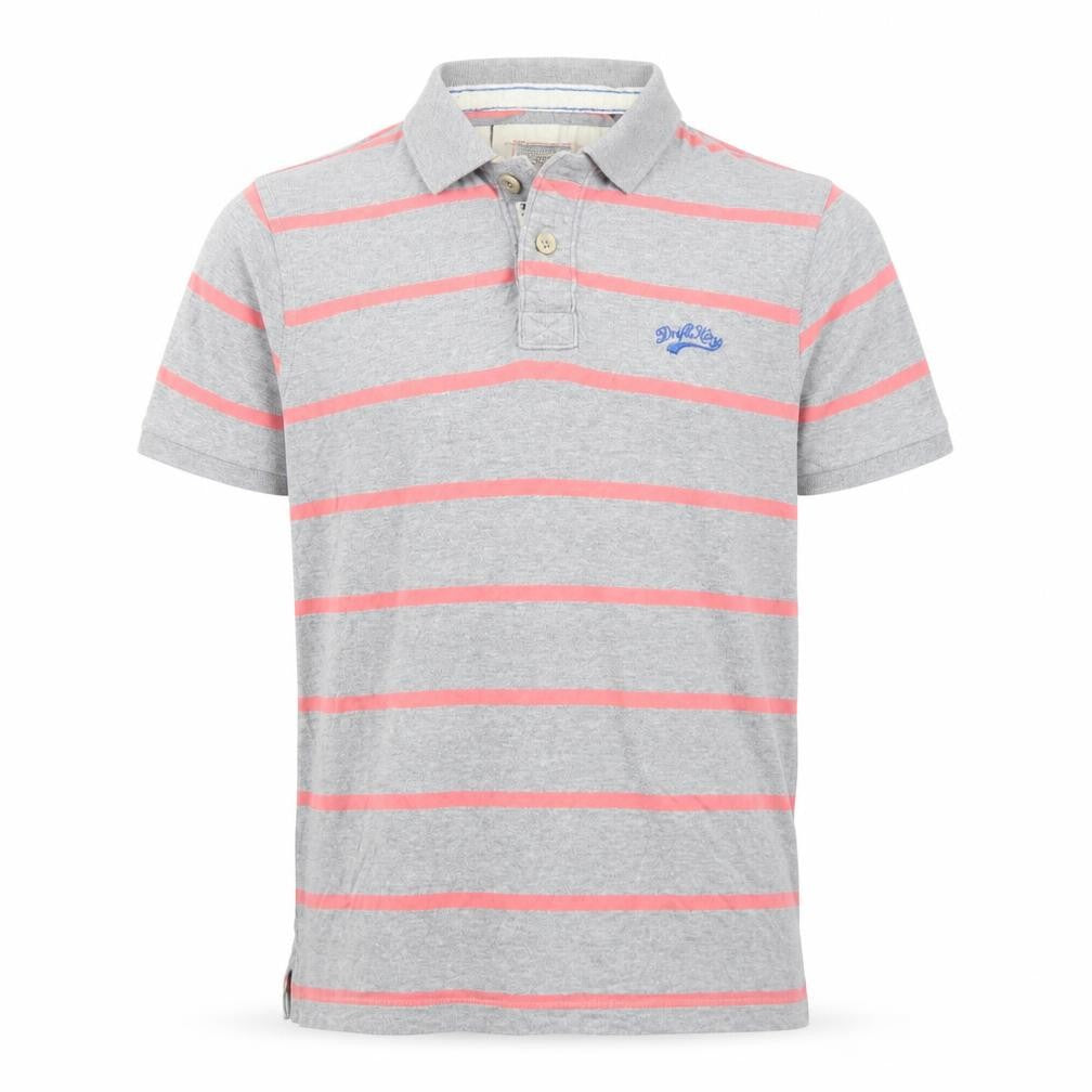 Front view of Drift King men’s grey striped cotton polo, size M, collared button