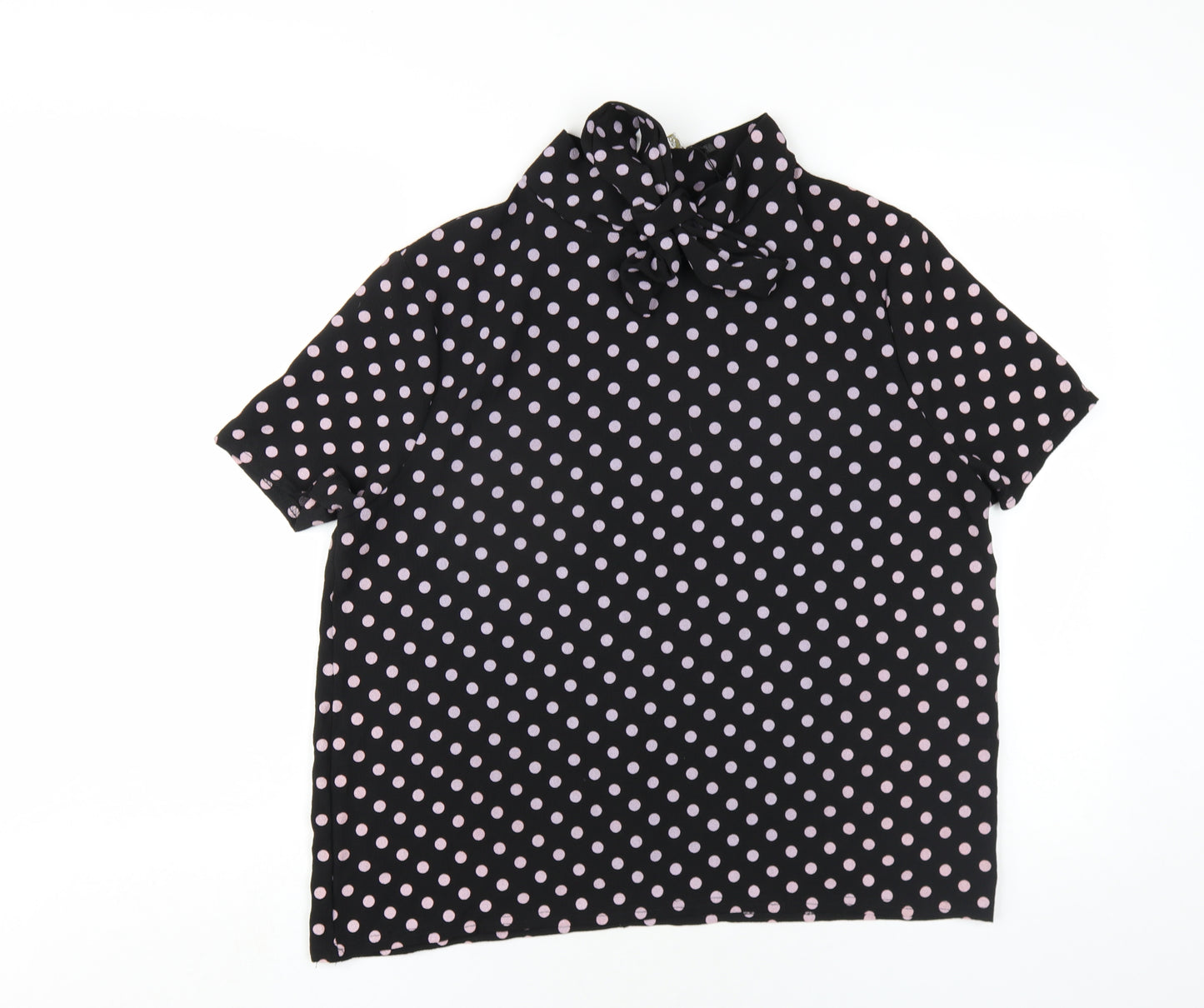 Boohoo Womens Black Polka Dot Polyester Basic T-Shirt Size 14 Round Neck