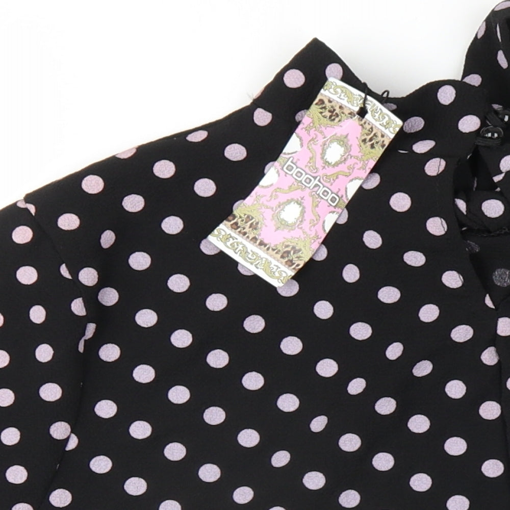 Boohoo Womens Black Polka Dot Polyester Basic T-Shirt Size 14 Round Neck