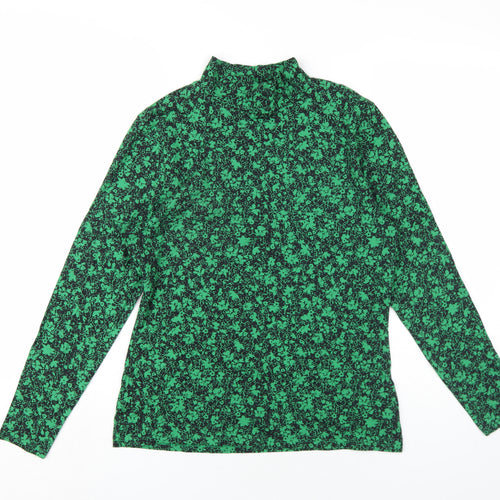 Marks and Spencer Womens Green Floral Cotton Basic T-Shirt Size 14 Mock Neck