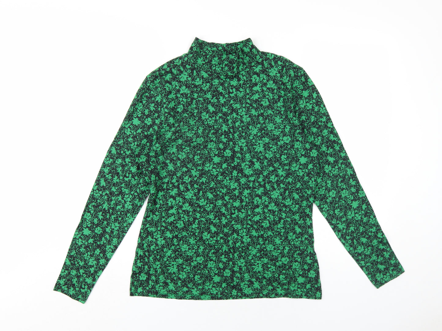 Marks and Spencer Womens Green Floral Cotton Basic T-Shirt Size 14 Mock Neck