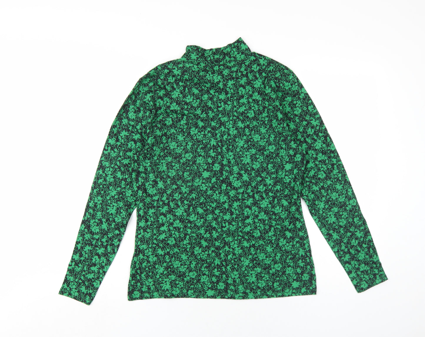 Marks and Spencer Womens Green Floral Cotton Basic T-Shirt Size 14 Mock Neck