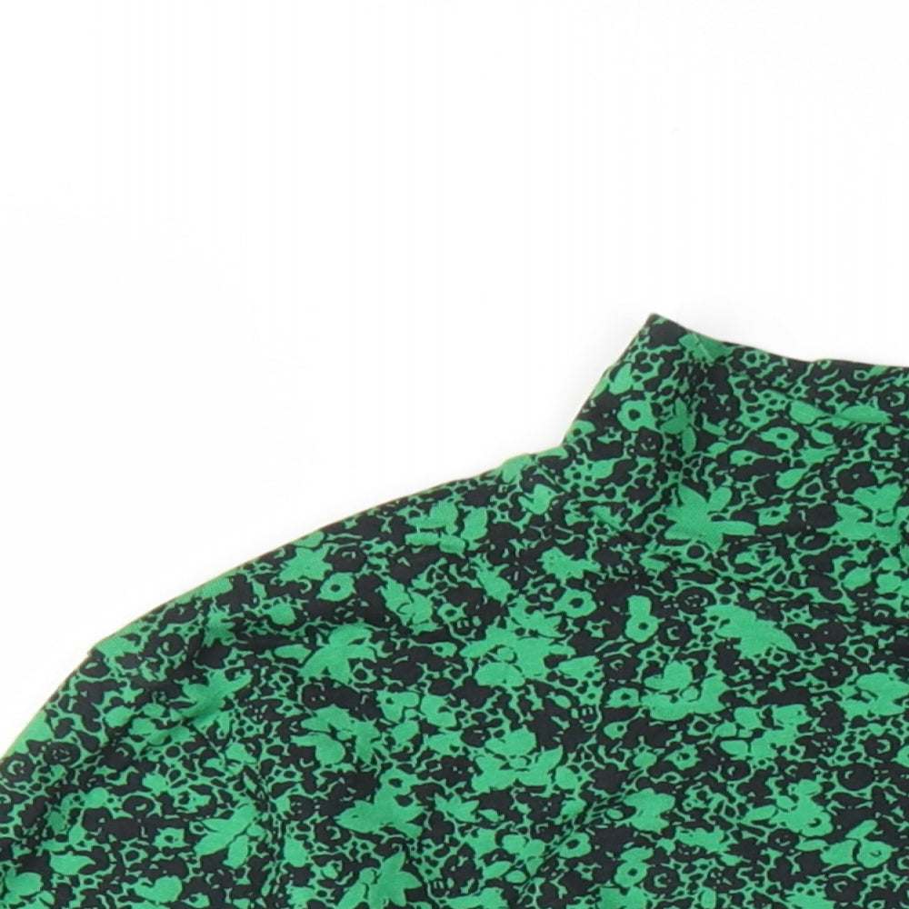 Marks and Spencer Womens Green Floral Cotton Basic T-Shirt Size 14 Mock Neck