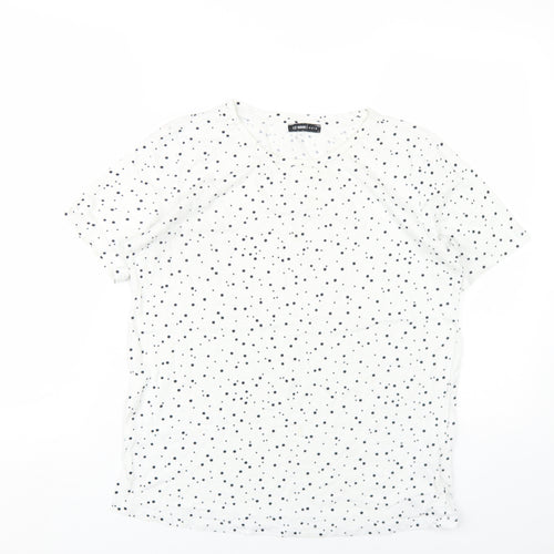 LC Waikiki Womens White Polka Dot Cotton Basic T-Shirt Size L Round Neck