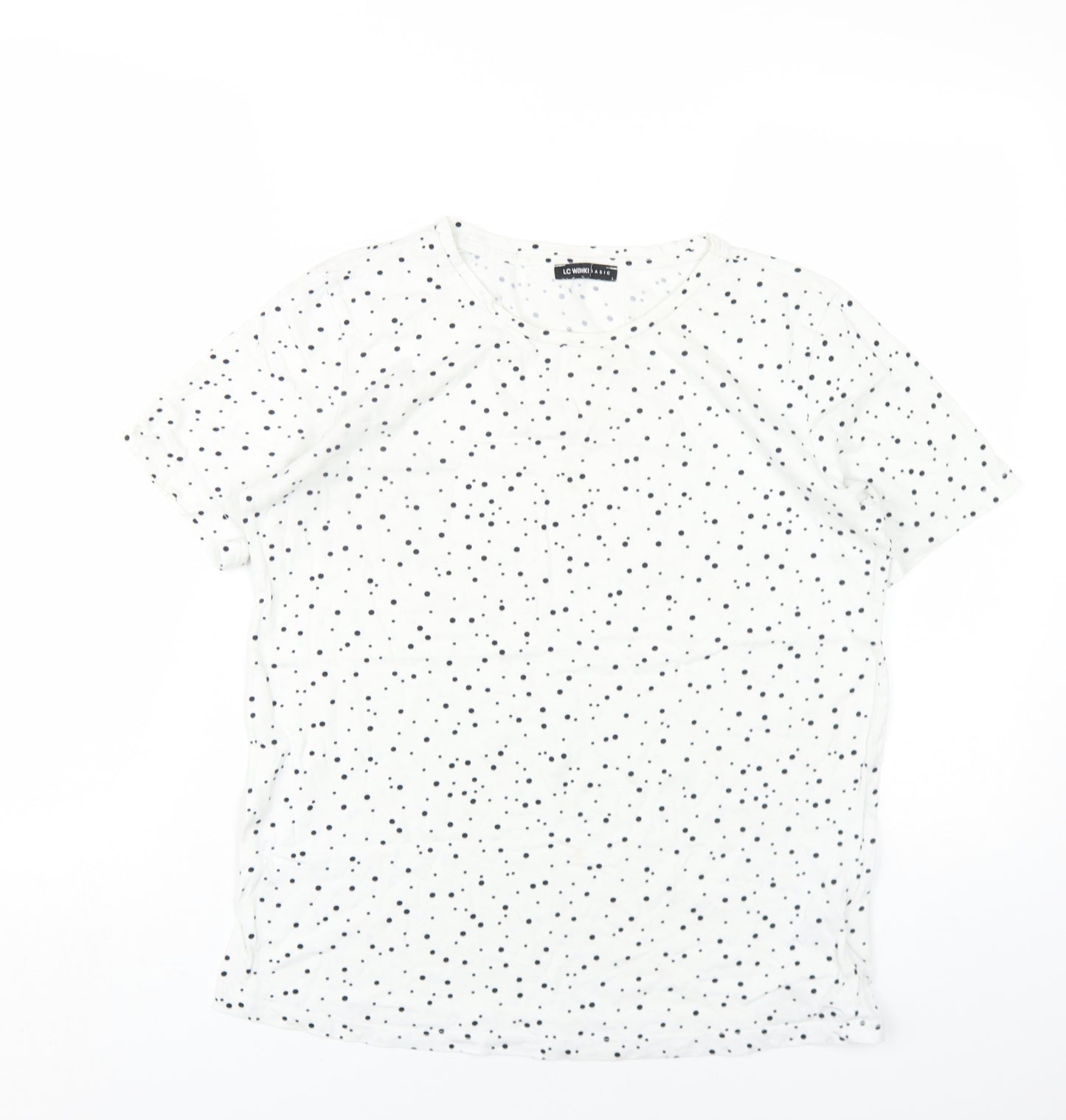 LC Waikiki Womens White Polka Dot Cotton Basic T-Shirt Size L Round Neck