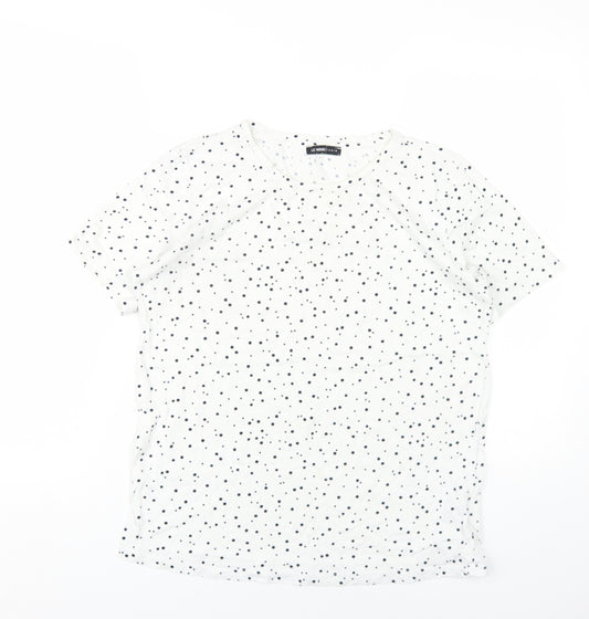 LC Waikiki Womens White Polka Dot Cotton Basic T-Shirt Size L Round Neck