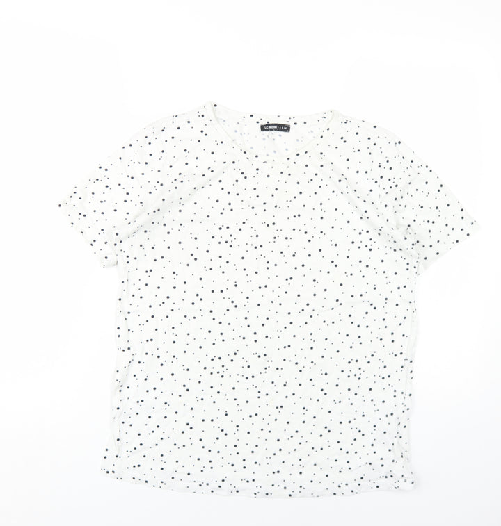 LC Waikiki Womens White Polka Dot Cotton Basic T-Shirt Size L Round Neck