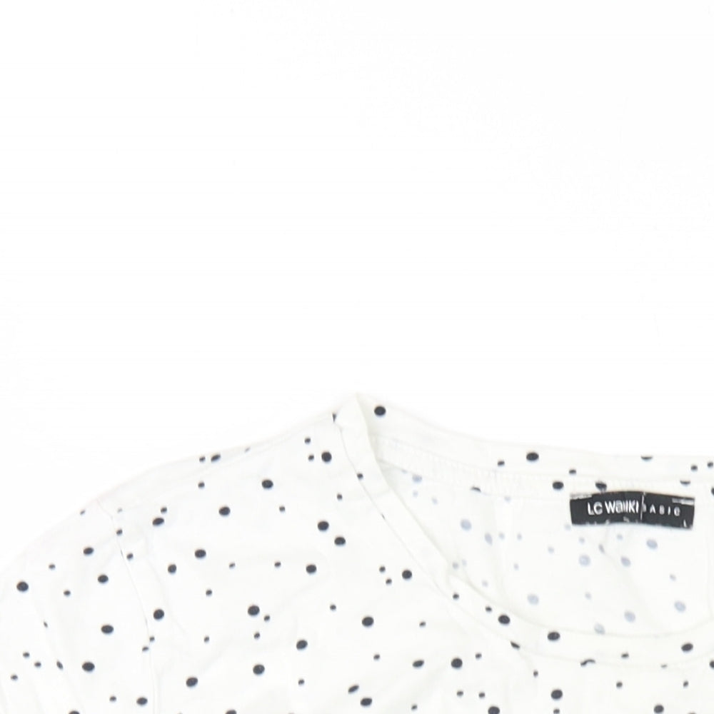 LC Waikiki Womens White Polka Dot Cotton Basic T-Shirt Size L Round Neck