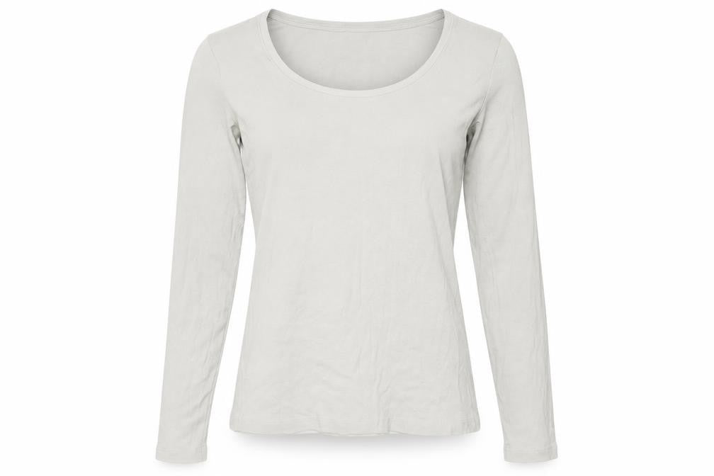 Front view of H&M women’s grey modal basic t-shirt, size L, scoop neck