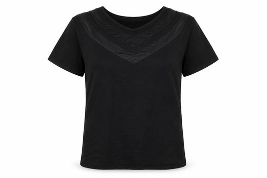 Front view of ASOS women’s black viscose basic t-shirt, size UK 14, v-neck