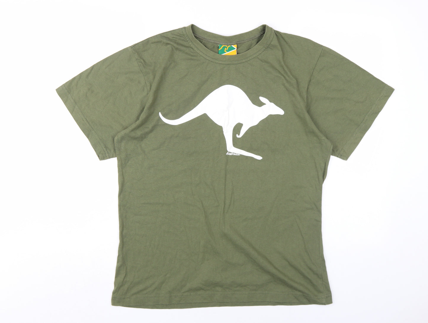 Australian Made Womens Green Cotton Basic T-Shirt Size M Round Neck - Kangaroo