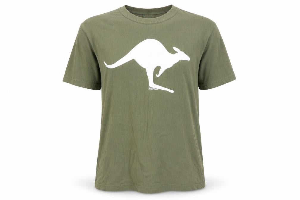 Front view of Australian Made women’s green cotton basic t-shirt, size M, round neck - kangaroo