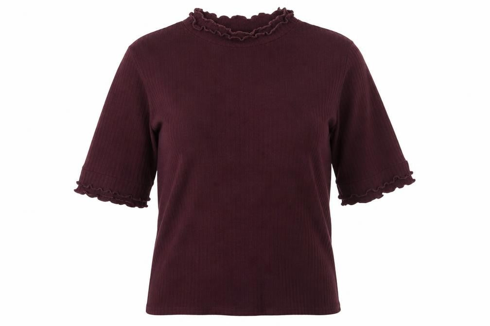 Front view of New Look women’s purple polyester basic t-shirt, size UK 14, mock neck