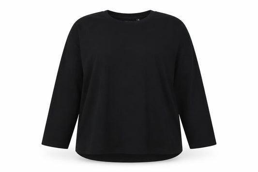 Front view of ASOS women’s black polyester basic t-shirt, size UK 10, round neck - side slits