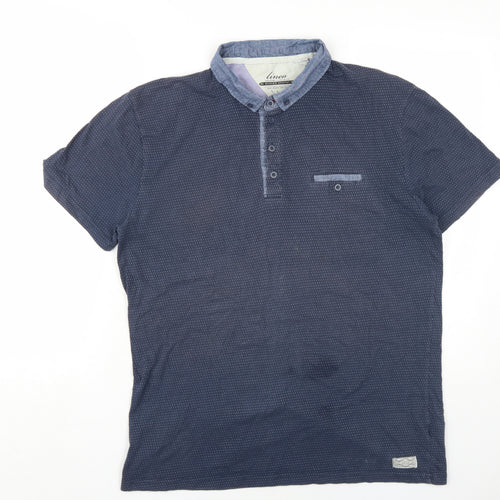 Linea Mens Blue Polka Dot Cotton Polo Size L Collared Button