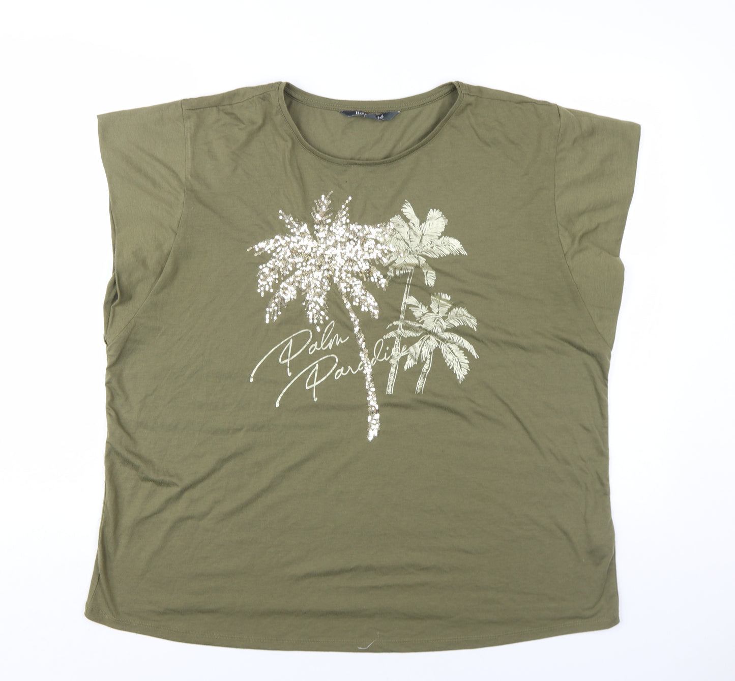 Bonmarché Womens Green Polyester Basic T-Shirt Size 22 Round Neck - Sequin Palm Tree