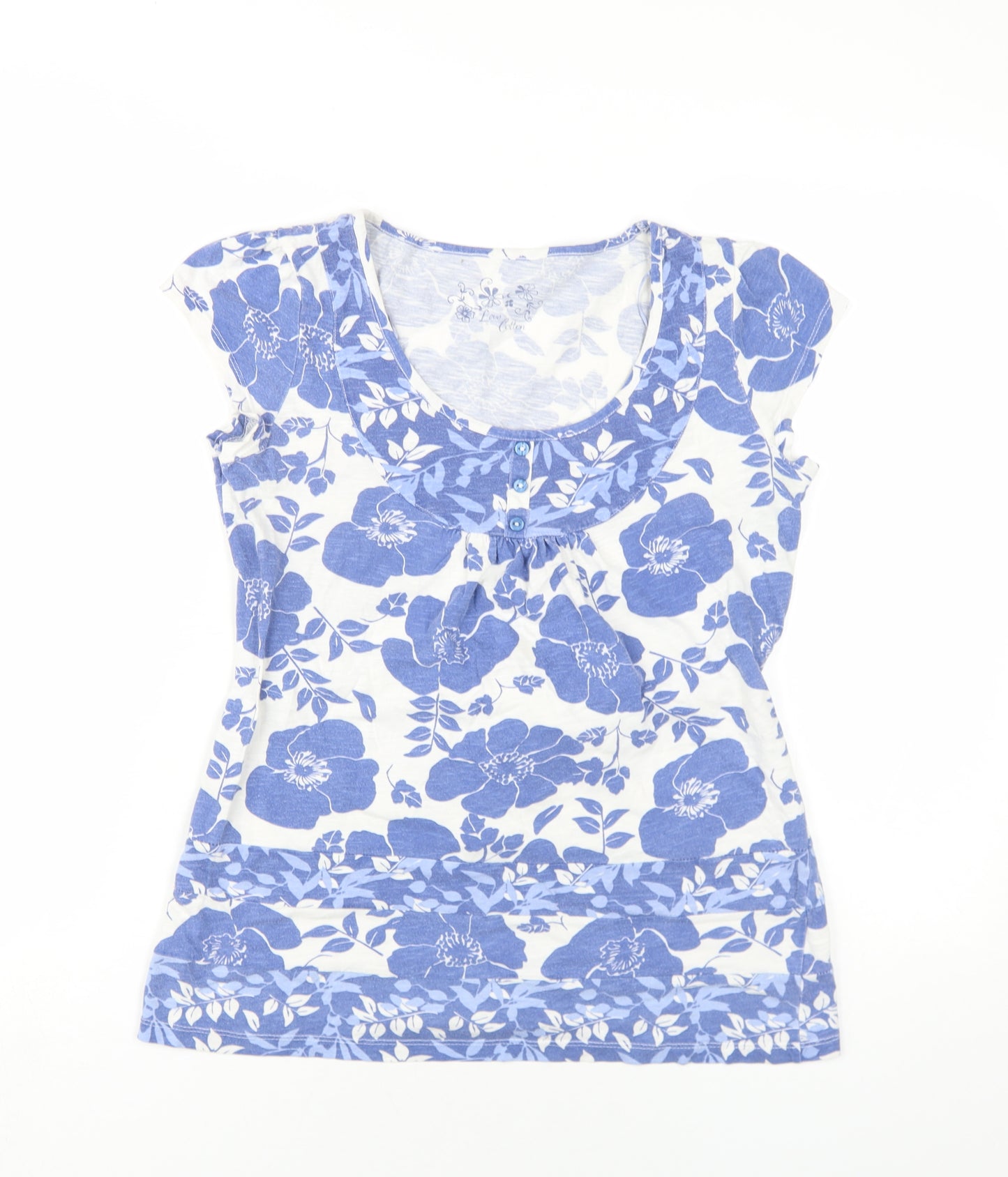 BHS Womens Blue Floral Cotton Basic T-Shirt Size 12 Scoop Neck
