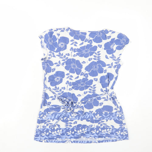 BHS Womens Blue Floral Cotton Basic T-Shirt Size 12 Scoop Neck