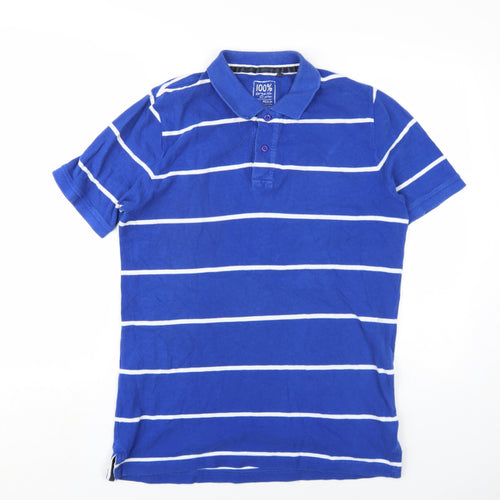 John Lewis Mens Blue Striped Cotton Polo Size M Collared Button
