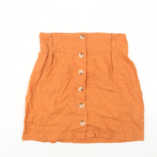 New Look Womens Orange Linen A-Line Skirt Size 10 Button