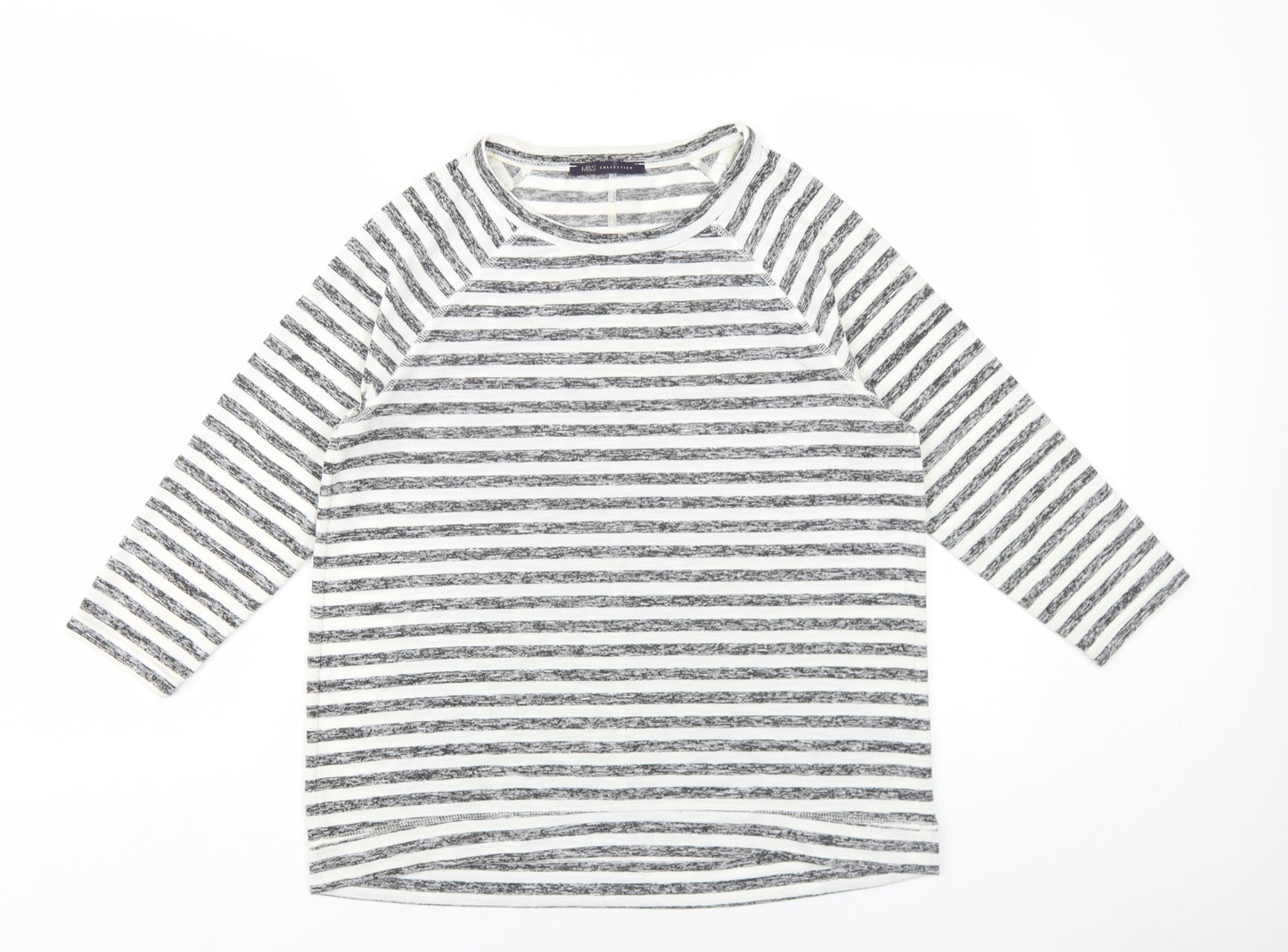 Marks and Spencer Womens Black Striped Polyester Basic T-Shirt Size 12 Roll Neck