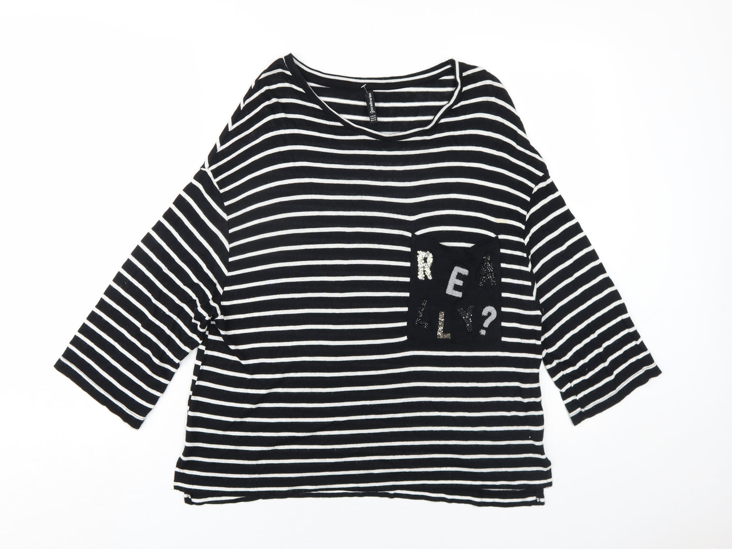 Stradivarius Womens Black Striped Viscose Basic T-Shirt Size M Round Neck