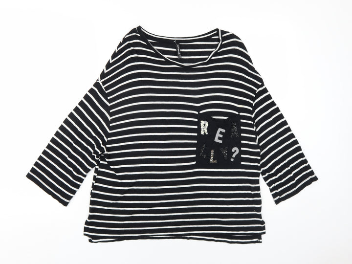 Stradivarius Womens Black Striped Viscose Basic T-Shirt Size M Round Neck