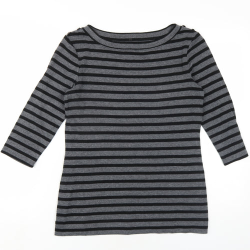 Marks and Spencer Womens Grey Striped Cotton Basic T-Shirt Size 12 Boat Neck