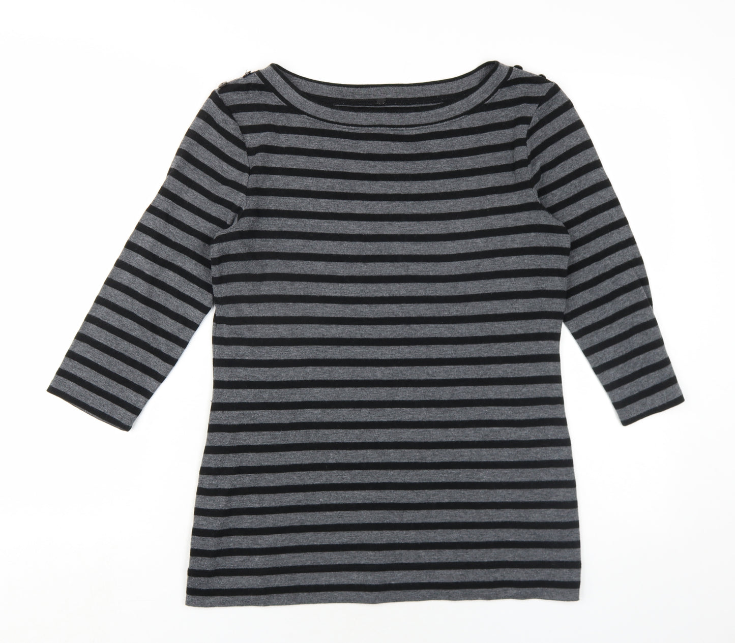 Marks and Spencer Womens Grey Striped Cotton Basic T-Shirt Size 12 Boat Neck