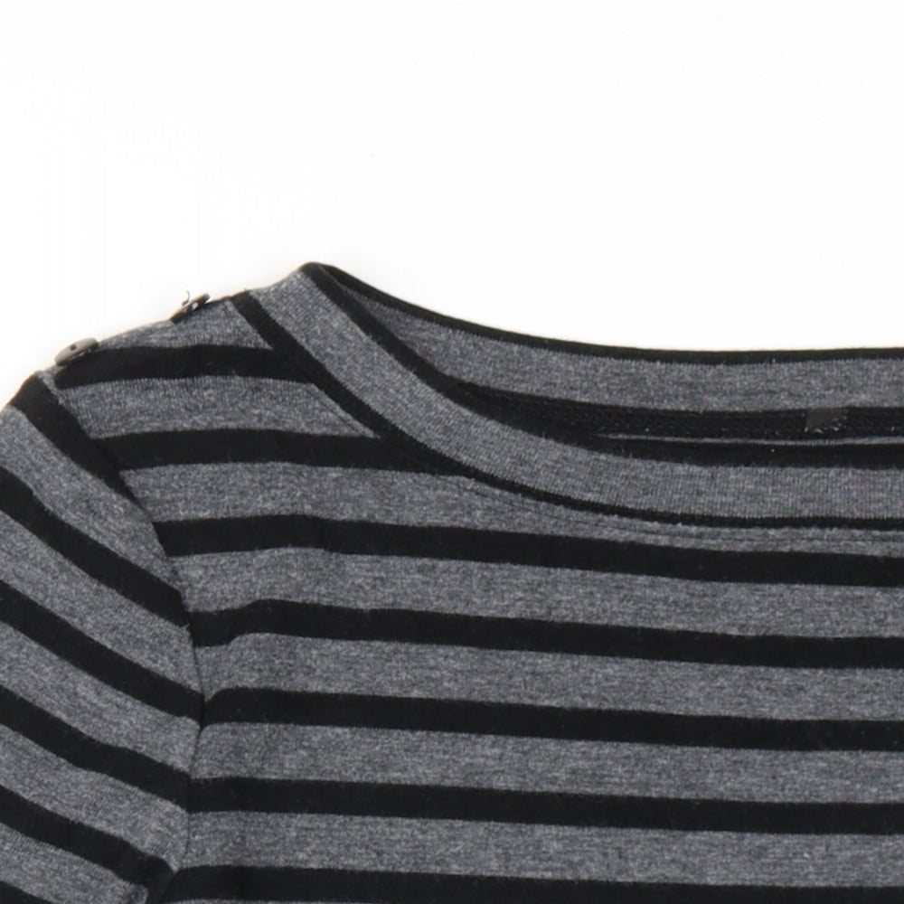 Marks and Spencer Womens Grey Striped Cotton Basic T-Shirt Size 12 Boat Neck