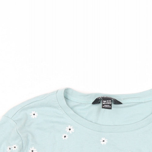 New Look Girls Blue Floral Polyester Basic T-Shirt Size 14-15 Years Round Neck Pullover