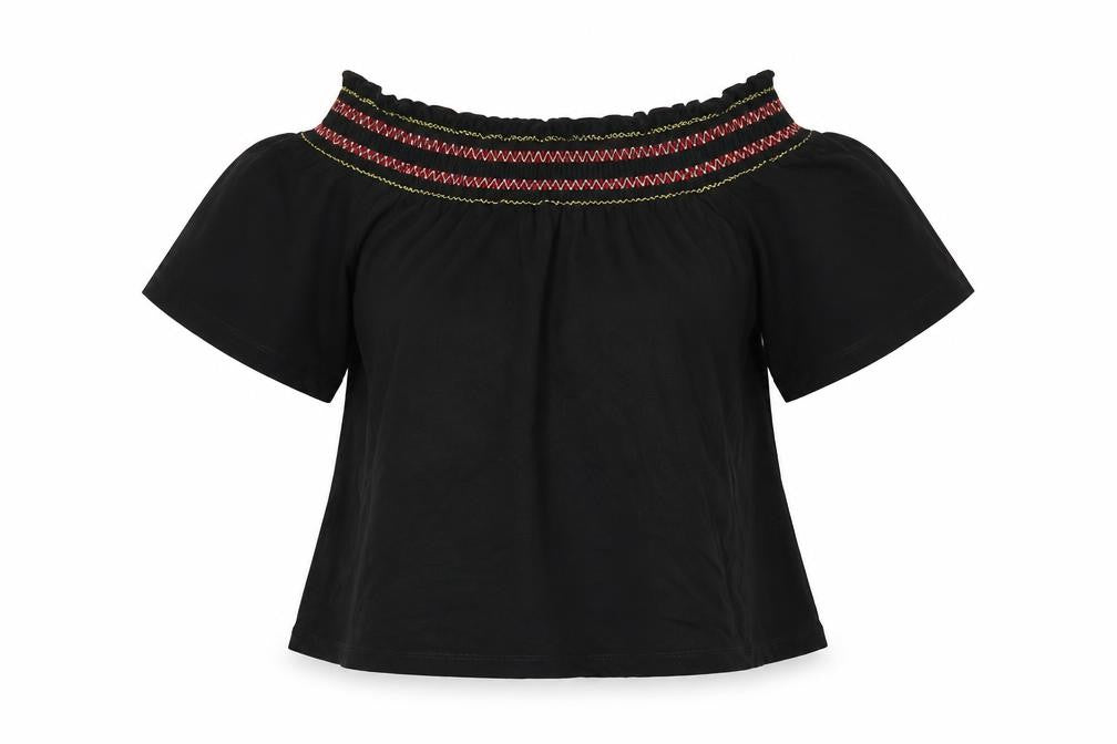 Front view of Lipsy women’s black viscose basic t-shirt, size UK 10, off the shoulder