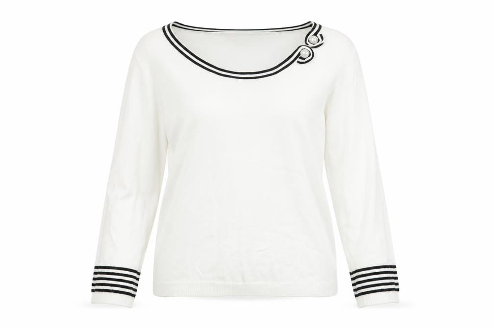 Front view of Sarah Hamilton women’s ivory scoop neck viscose jumper, size M