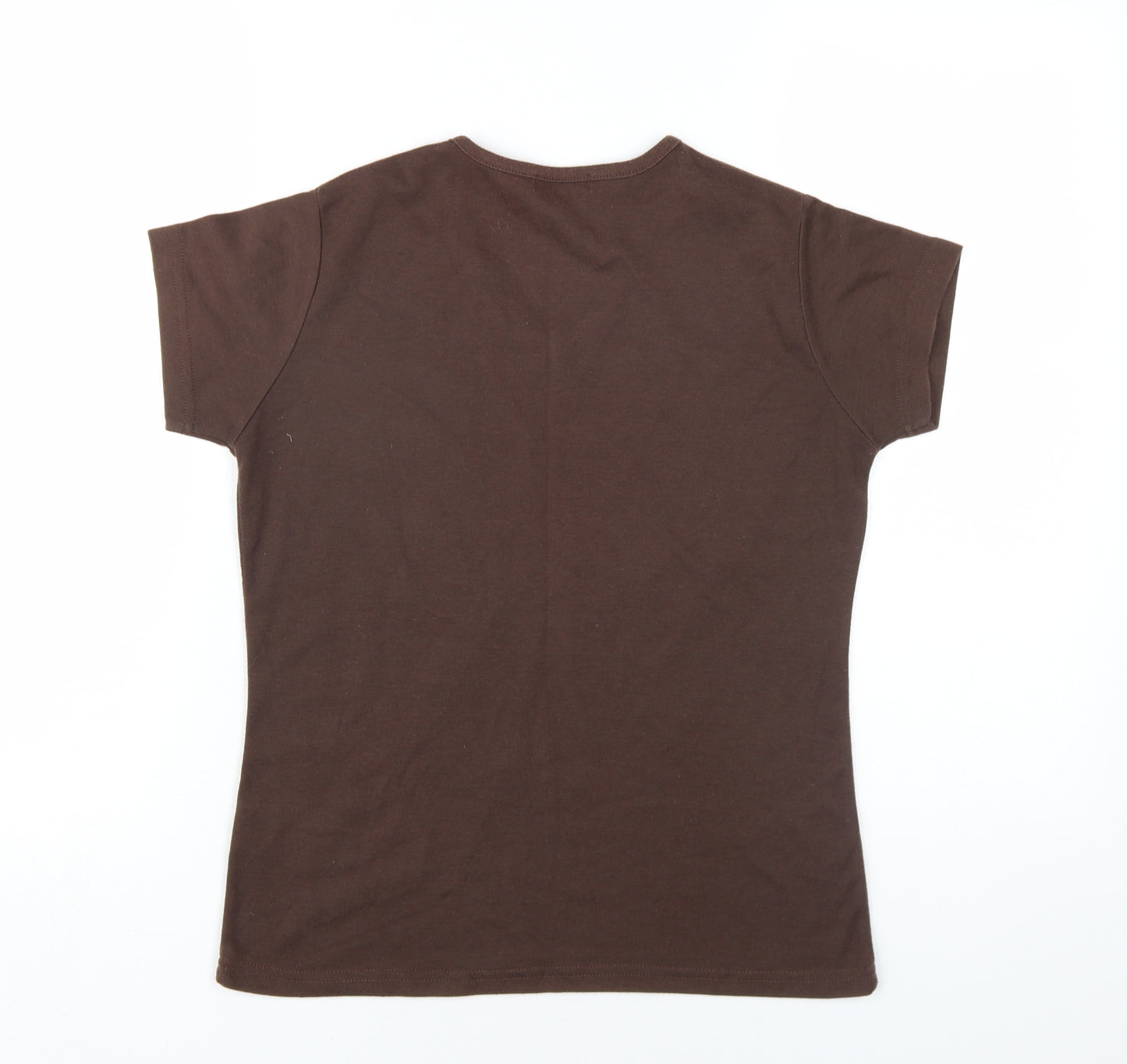 Janique Womens Brown Polyester Basic T-Shirt Size 14 V-Neck