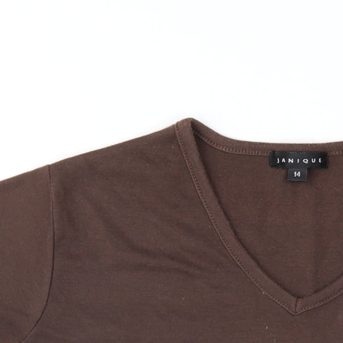 Janique Womens Brown Polyester Basic T-Shirt Size 14 V-Neck