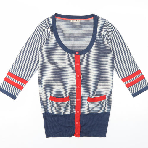 ICHI Womens Blue Scoop Neck Striped Acrylic Cardigan Jumper Size M
