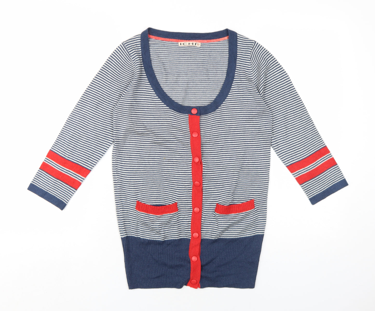 ICHI Womens Blue Scoop Neck Striped Acrylic Cardigan Jumper Size M
