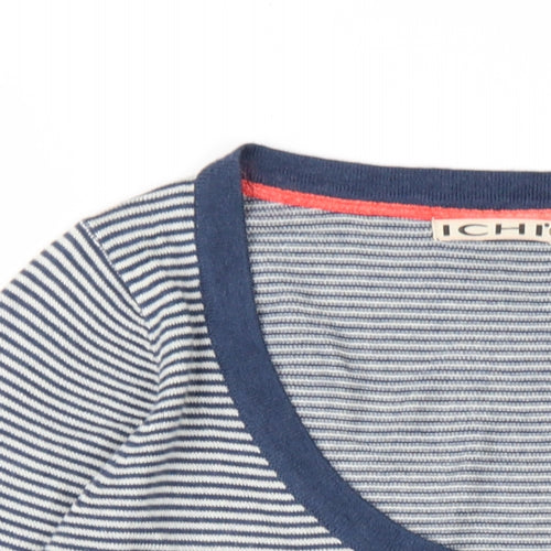 ICHI Womens Blue Scoop Neck Striped Acrylic Cardigan Jumper Size M