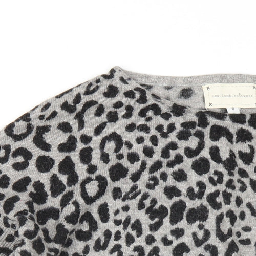 New Look Womens Grey Round Neck Animal Print Viscose Pullover Jumper Size 6