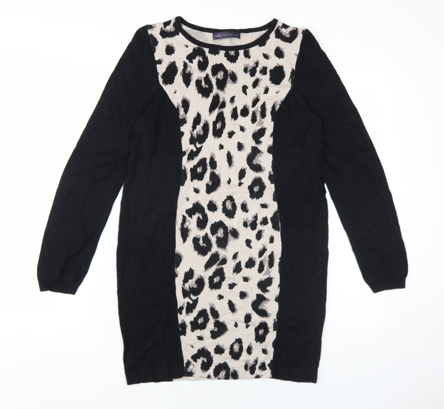 Marks and Spencer Womens Black Animal Print Viscose Jumper Dress Size 12 Round Neck Pullover