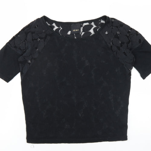 ICHI Womens Black Polyester Basic T-Shirt Size XS Round Neck