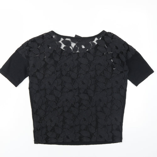 ICHI Womens Black Polyester Basic T-Shirt Size XS Round Neck
