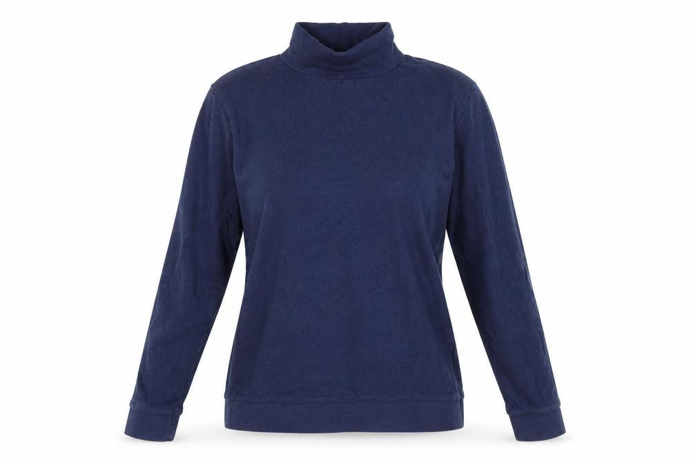 Front view of Kin women’s blue cotton basic t-shirt, size S, roll neck