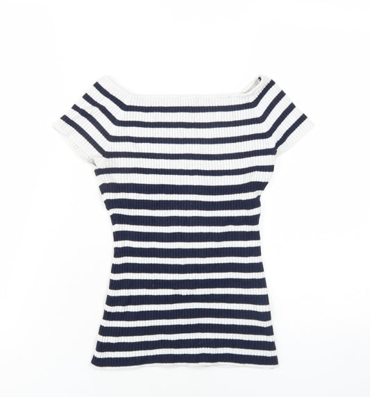 H&M Womens Blue Striped Viscose Basic T-Shirt Size S Off the Shoulder