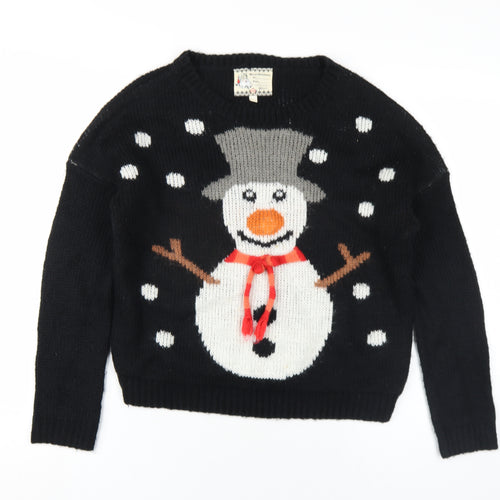 New Look Girls Black Crew Neck Acrylic Pullover Jumper Size 12-13 Years Pullover - Snowman Christmas