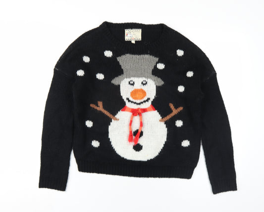 New Look Girls Black Crew Neck Acrylic Pullover Jumper Size 12-13 Years Pullover - Snowman Christmas