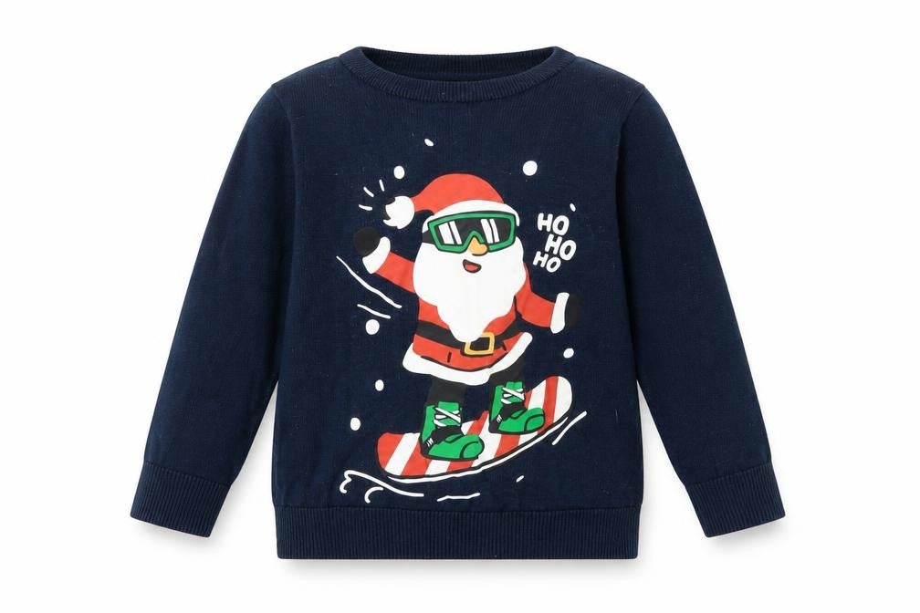 Front view of H&M boys’ blue crew neck cotton jumper, size 2-3, years pullover - ho ho ho santa