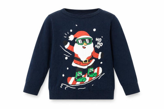 Front view of H&M boys’ blue crew neck cotton jumper, size 2-3, years pullover - ho ho ho santa