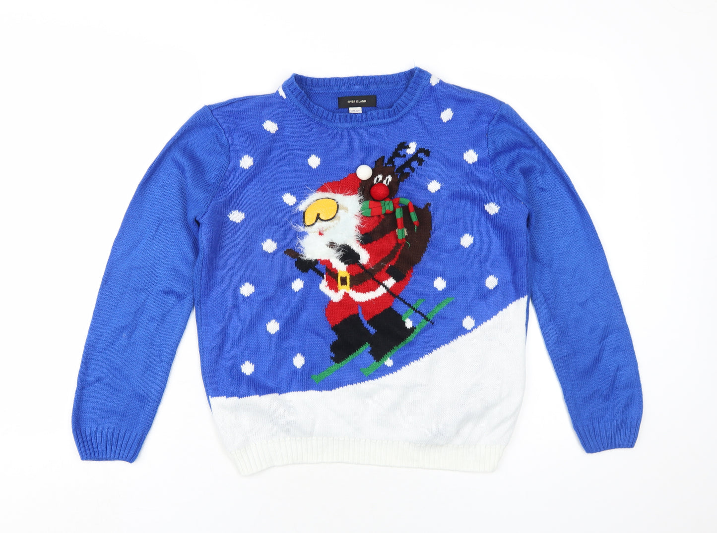 River Island Boys Blue Crew Neck Acrylic Pullover Jumper Size 11-12 Years Pullover - Santa